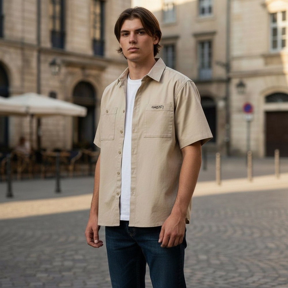 Vintage Naughty Gear Men's Tan Short Sleeve Button Up Work Shirt‎ 2XL